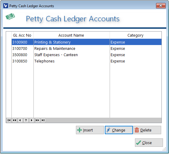 Petty Cash Codes (GL Codes) Veculim